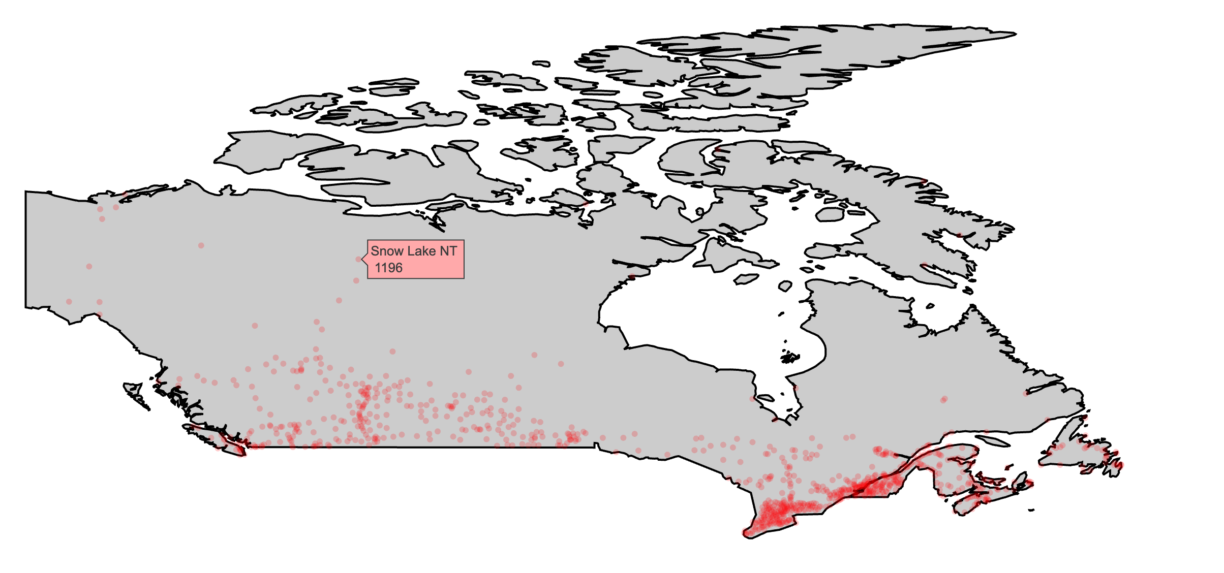 Using add_polygons() to make a map of Canada and major Canadian cities via data provided by the maps package (Richard A. Becker, Ray Brownrigg. Enhancements by Thomas P Minka, and Deckmyn. 2018).