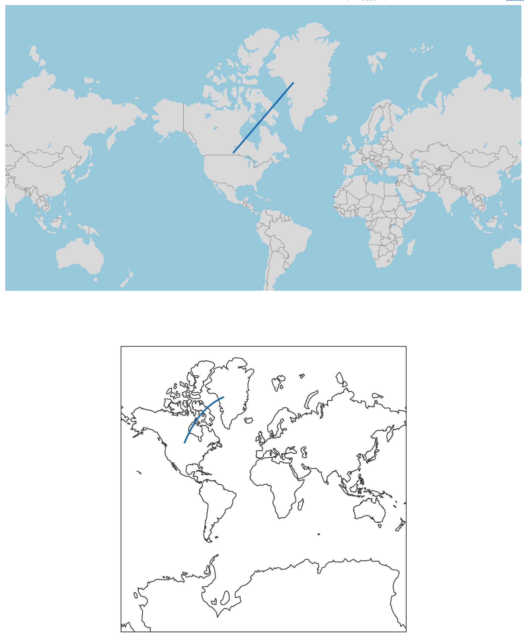 Three different ways to render a map. On the top left is plotly’s default cartesian coordinate system, on the top right is plotly’s custom geographic layout, and on the bottom is mapbox.